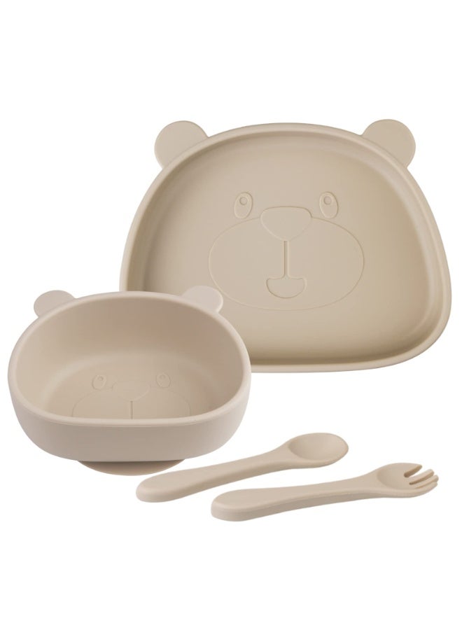 fantasize Suction Baby Plate and Bowl Set with Fork Spoon, Silicone Baby Led Weaning Supplies for Toddler Self Feeding, BPA Free Dishwasher and Microwave Safe (Beige) - Image 1